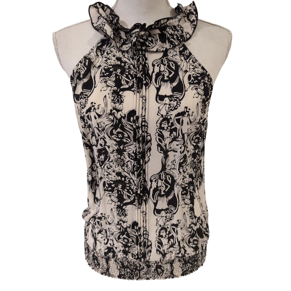 Guess L.A. Womens Black White Graphic Print Halter Top Ruffle Neck Sz Small